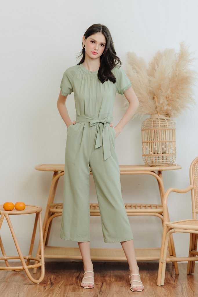 Eugenia Crochet Trimming Jumpsuit in Sage Green