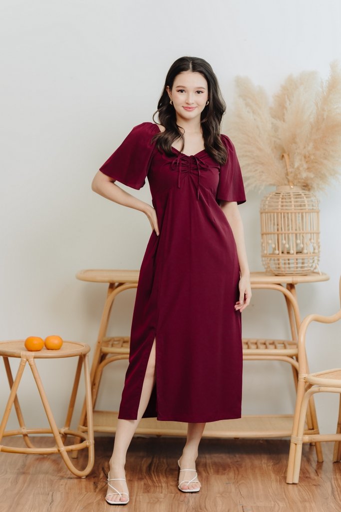Freya Ruched Midi Slit Dress in Wine Red(M)