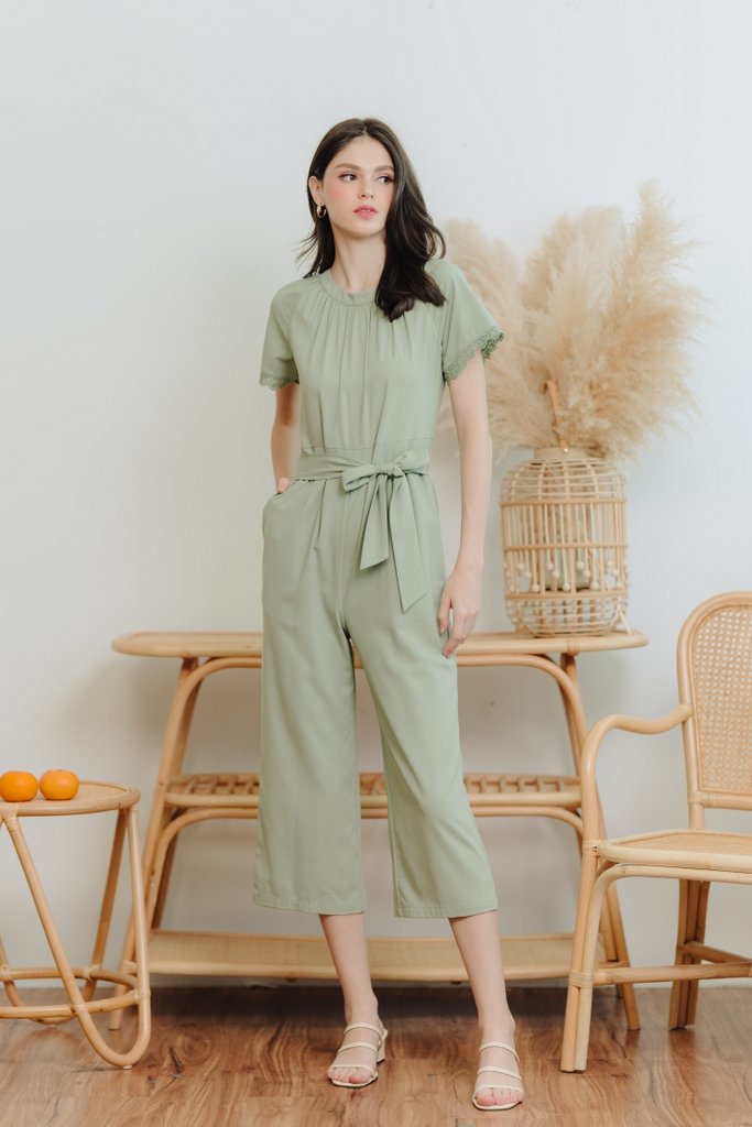 Eugenia Crochet Trimming Jumpsuit in Sage Green