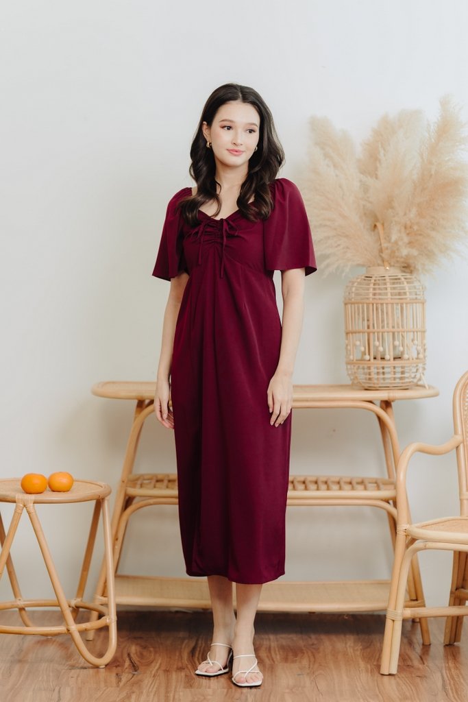 Freya Ruched Midi Slit Dress in Wine Red(M)