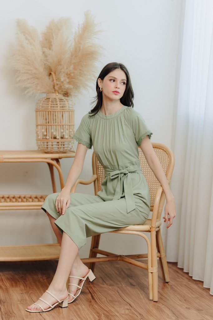 Eugenia Crochet Trimming Jumpsuit in Sage Green