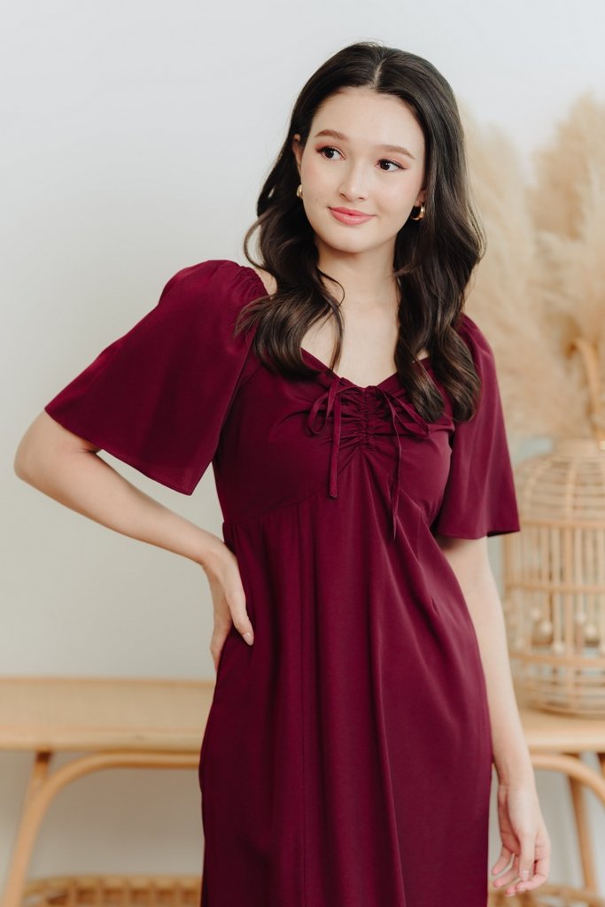 Freya Ruched Midi Slit Dress in Wine Red(M)