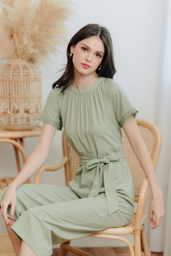 Eugenia Crochet Trimming Jumpsuit in Sage Green