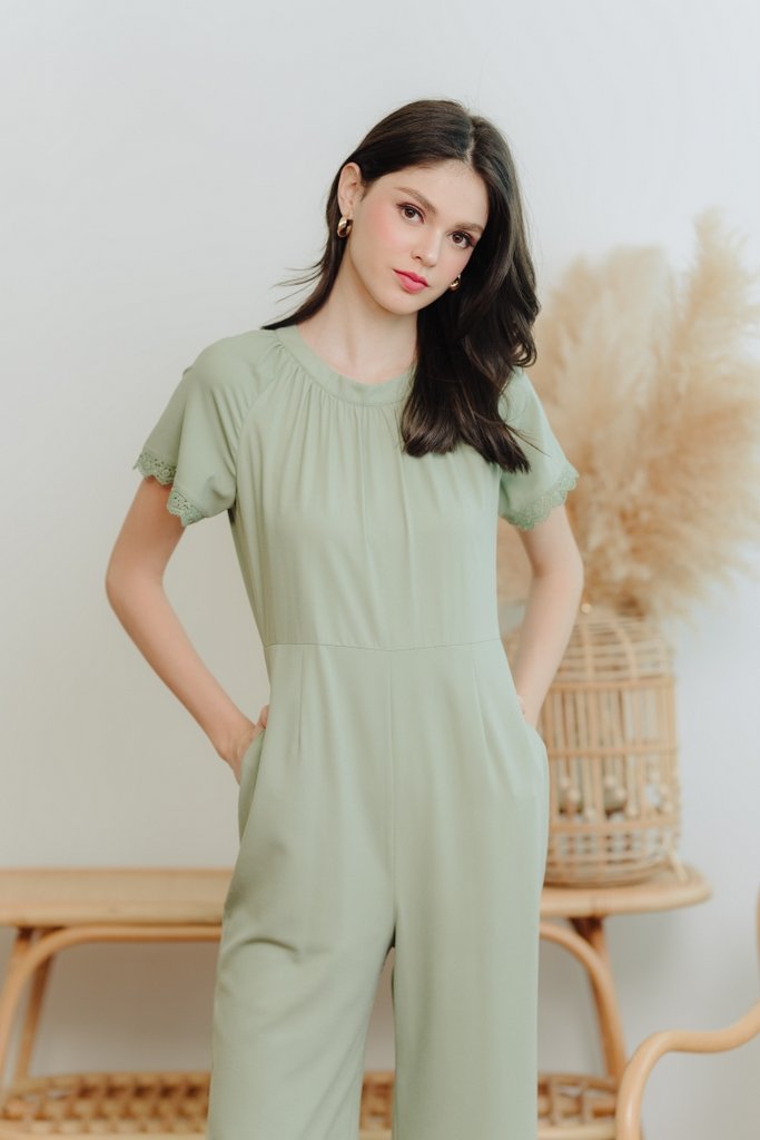 Eugenia Crochet Trimming Jumpsuit in Sage Green