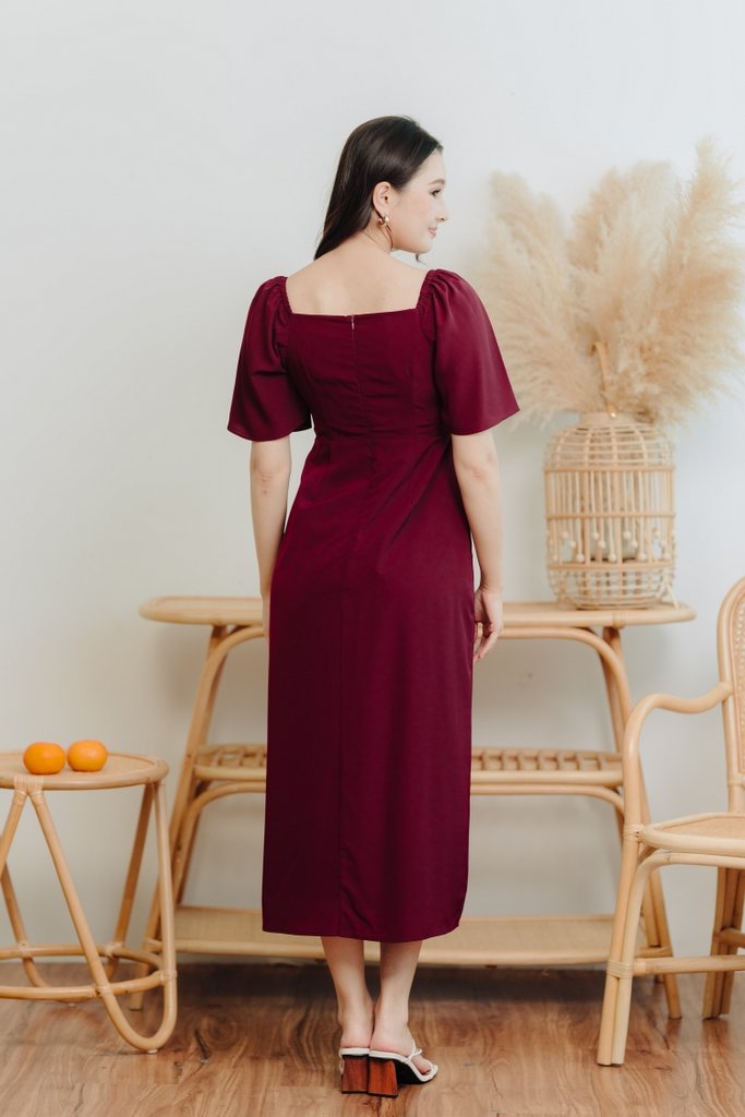 Freya Ruched Midi Slit Dress in Wine Red(M)