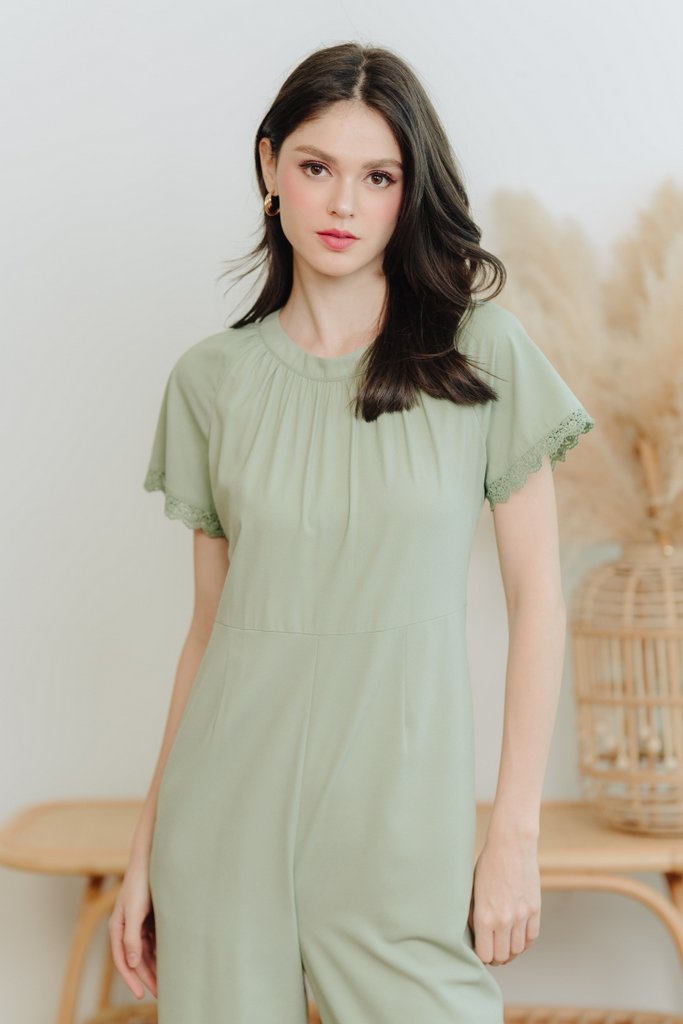 Eugenia Crochet Trimming Jumpsuit in Sage Green