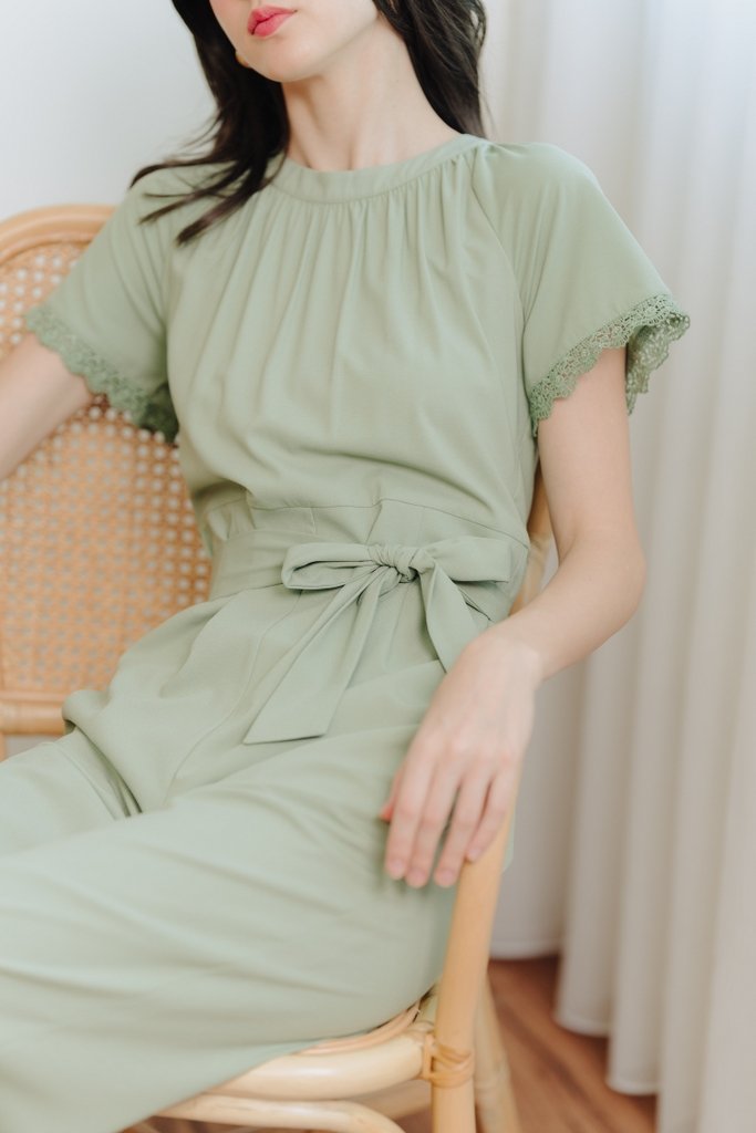 Eugenia Crochet Trimming Jumpsuit in Sage Green