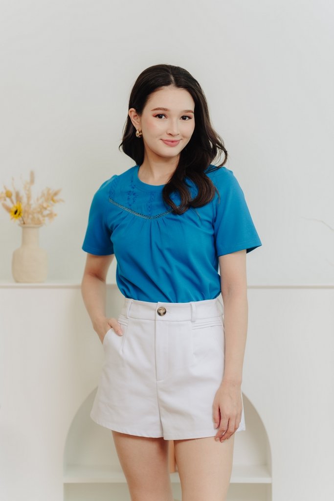Bethany Embroidery Cotton Tee in Cyan Blue