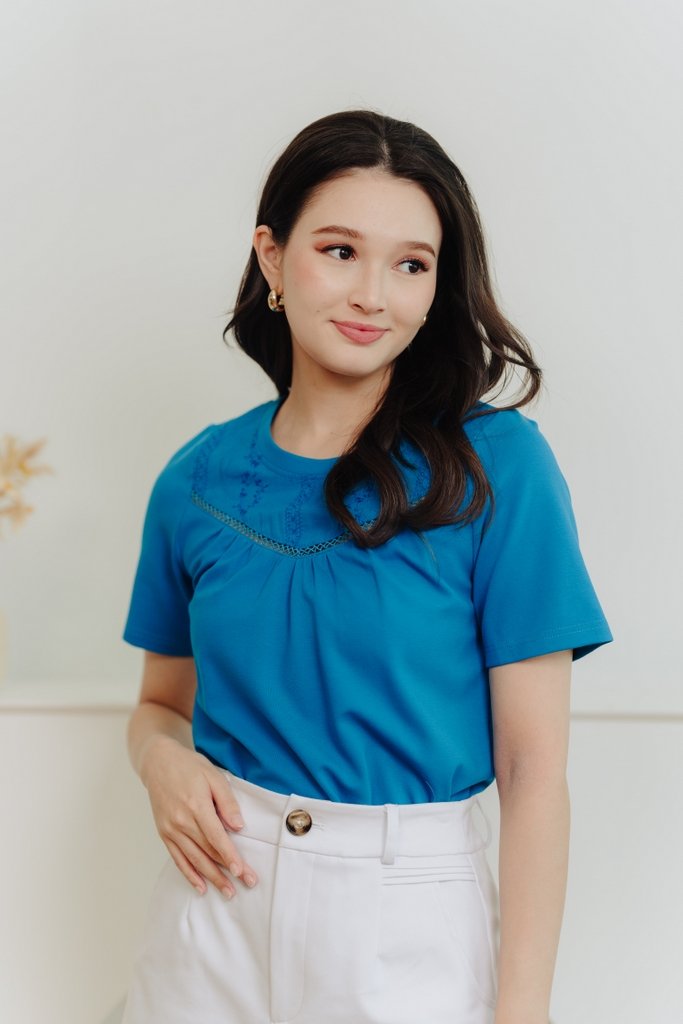 Bethany Embroidery Cotton Tee in Cyan Blue