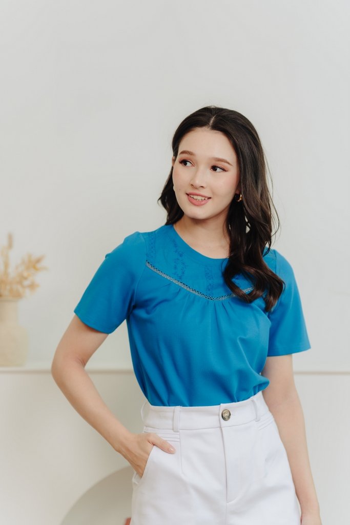 Bethany Embroidery Cotton Tee in Cyan Blue