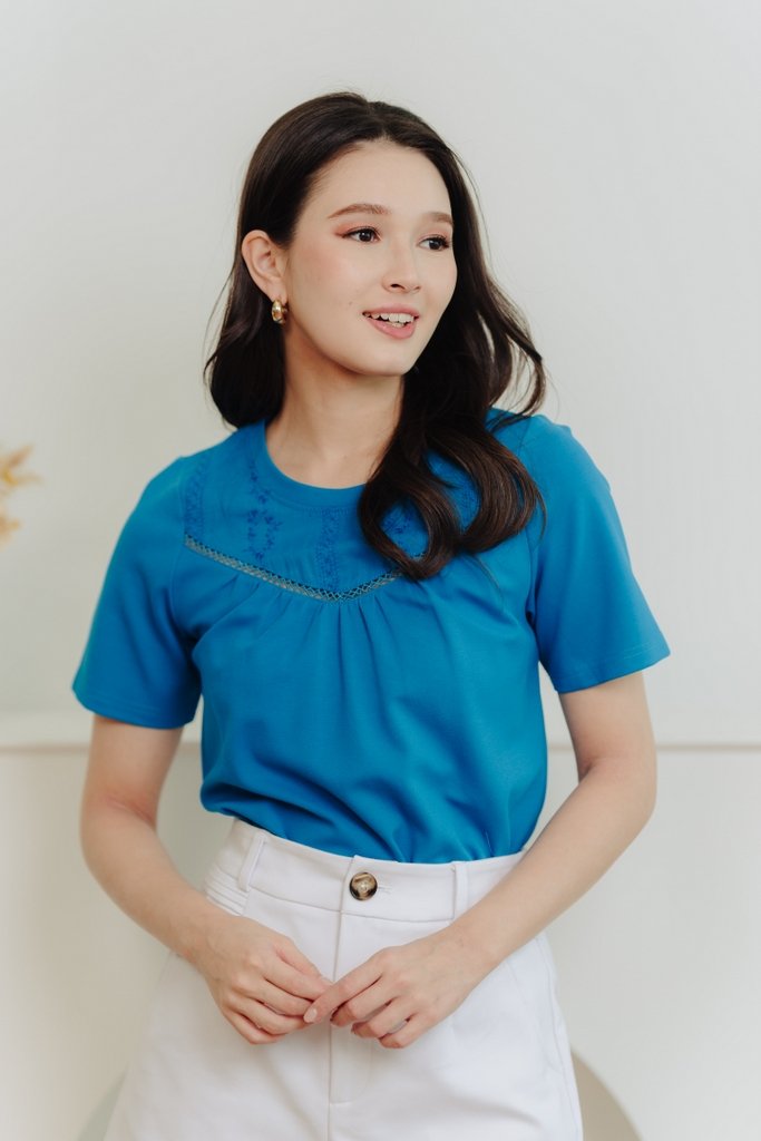 Bethany Embroidery Cotton Tee in Cyan Blue