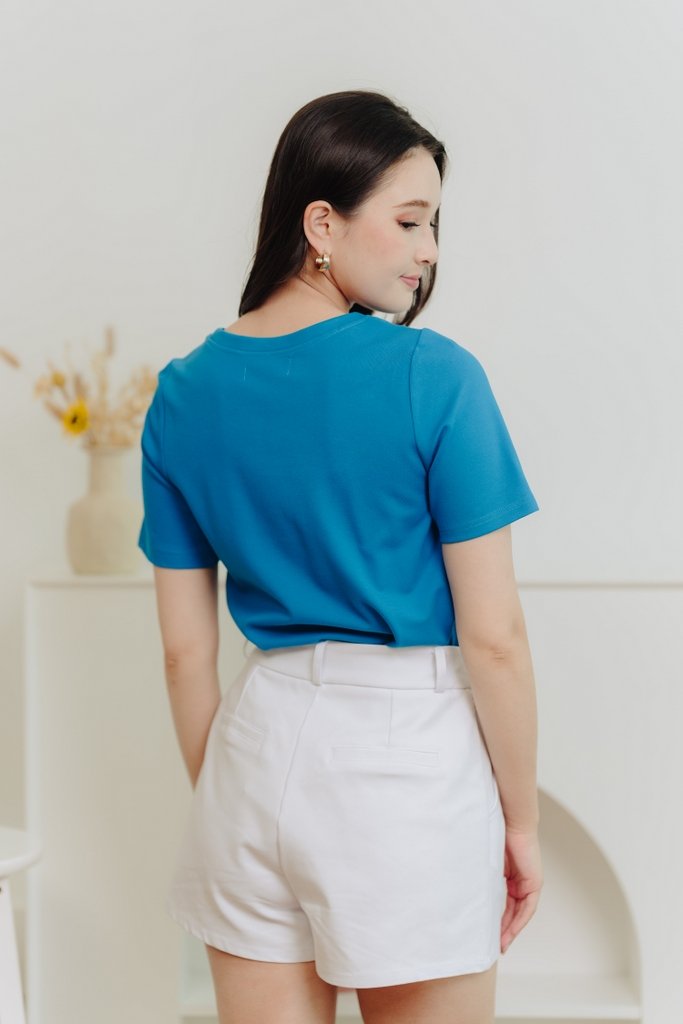 Bethany Embroidery Cotton Tee in Cyan Blue