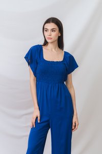 Lula Smocked Sleeve Jumpsuit in Electric Blue (XXL)