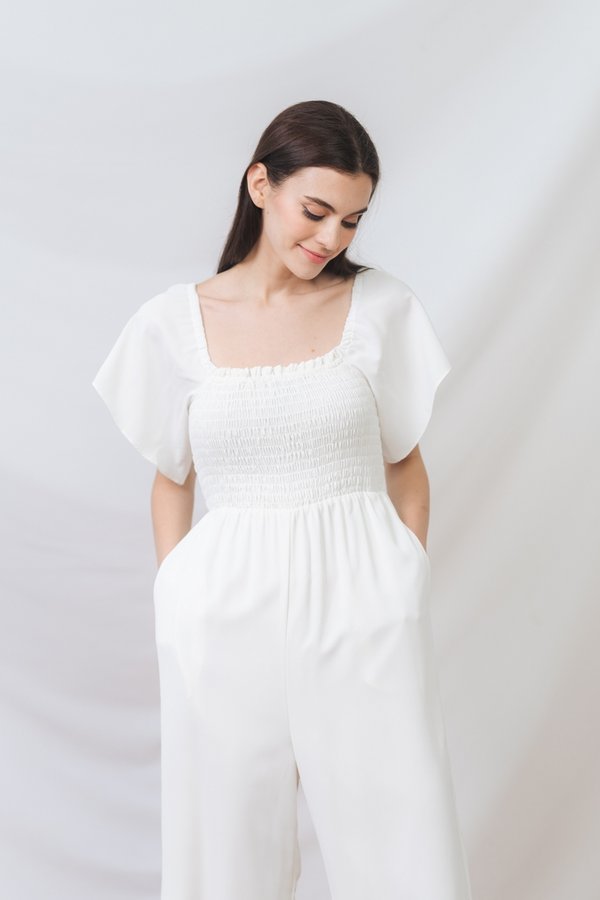 Lula Smocked Sleeve Jumpsuit in White