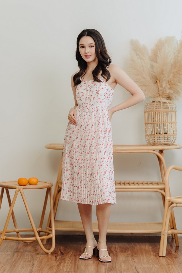 Elodie Printed Pleated Midi Dress in Abstract Red