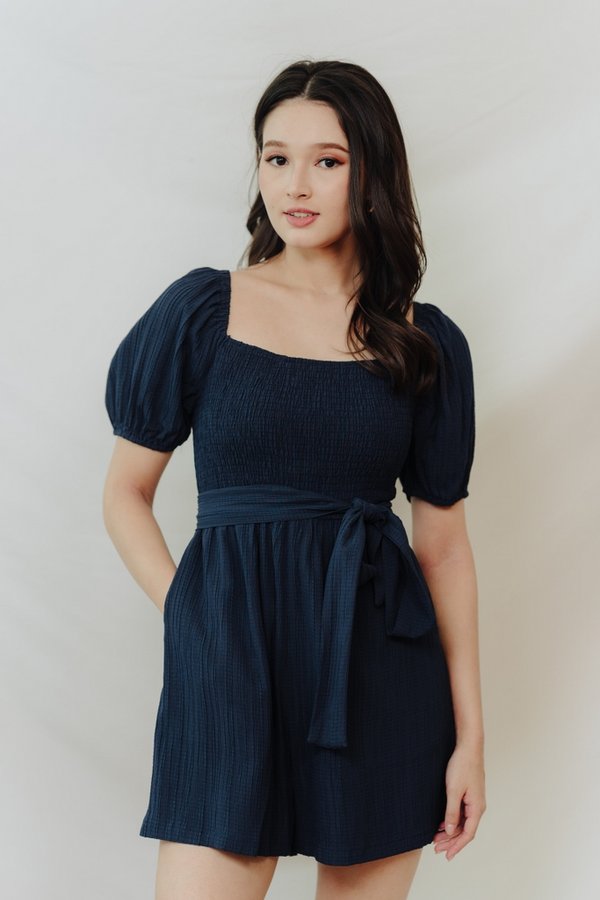 Cordelia Textured Sleeve Romper in Navy (XS)