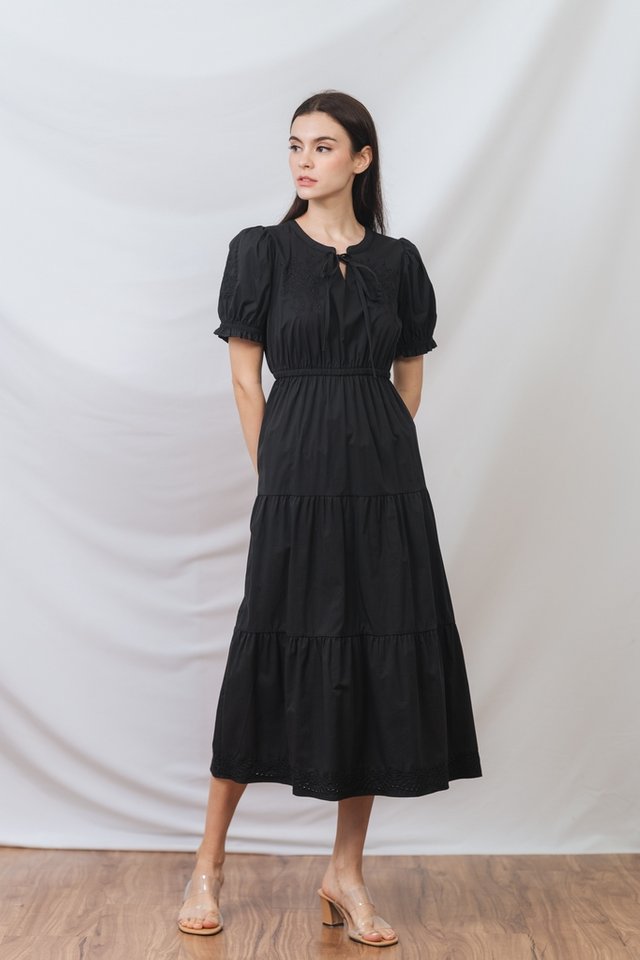 Siena Tie Ribbon Tiered Maxi Dress in Black