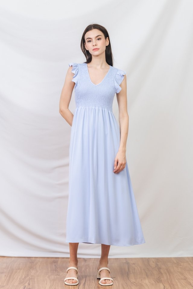 Matilda Smocked Maxi Dress in Powder Blue