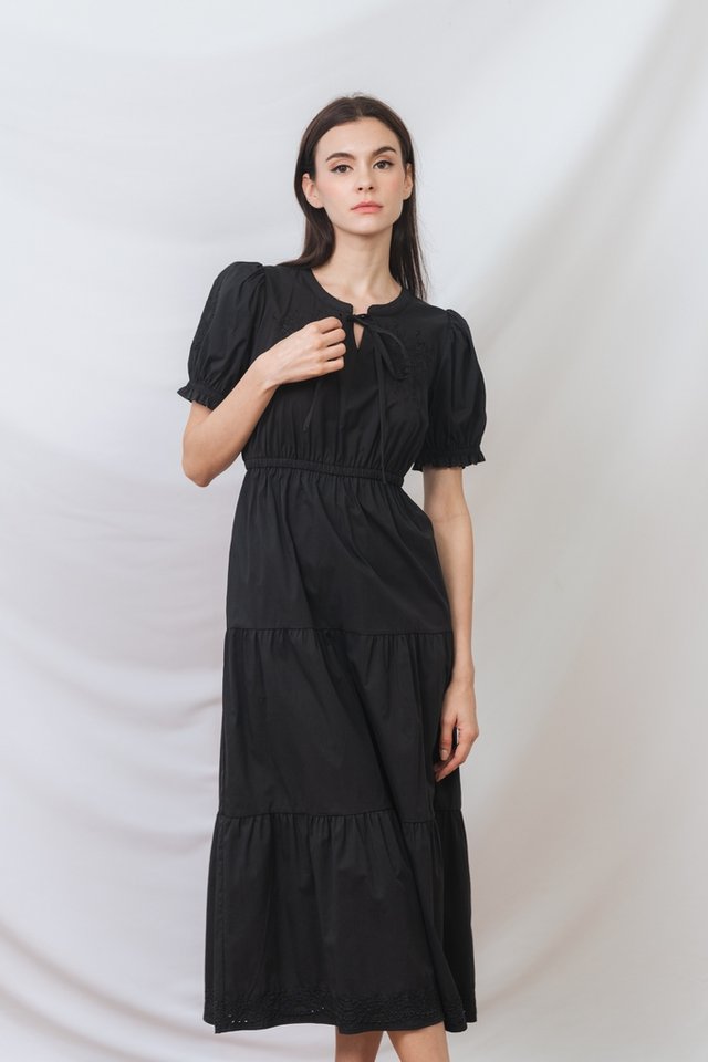 Siena Tie Ribbon Tiered Maxi Dress in Black