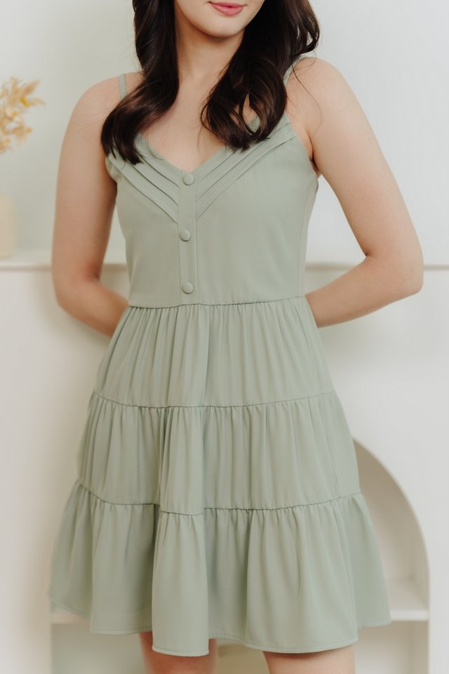 Katie Pleated Tiered Camisole Dress in Sage 