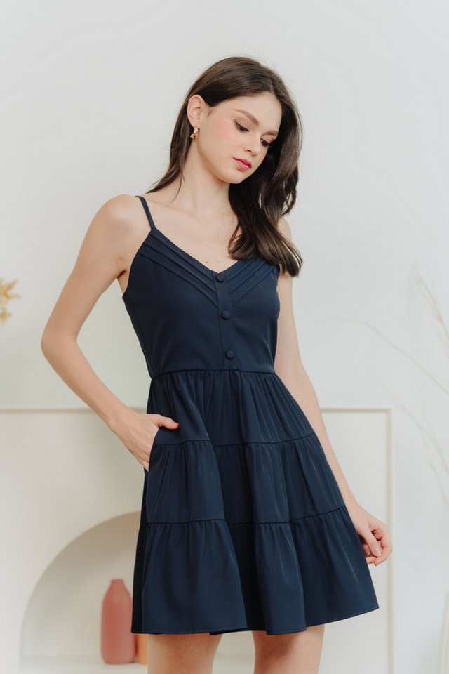 Katie Pleated Tiered Camisole Dress in Navy Blue