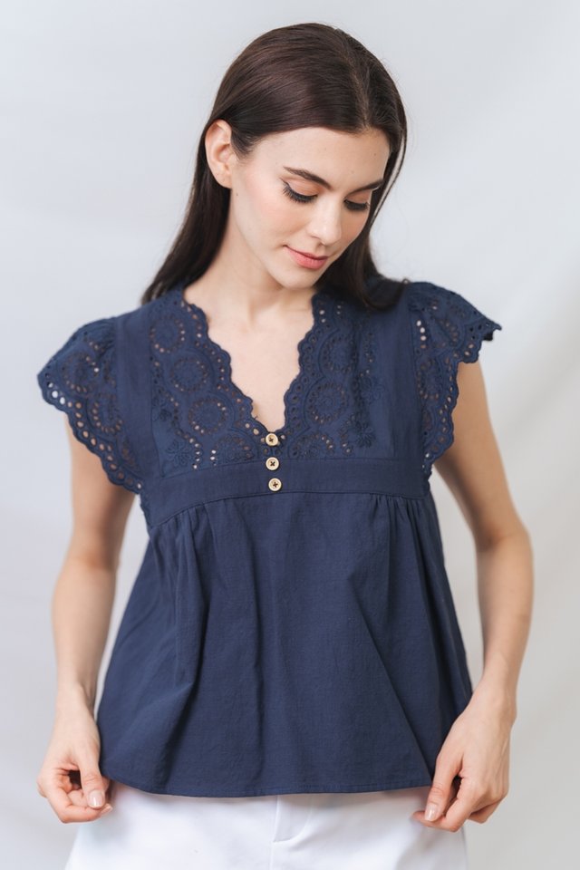 Opal Eyelet Relax Top in Navy