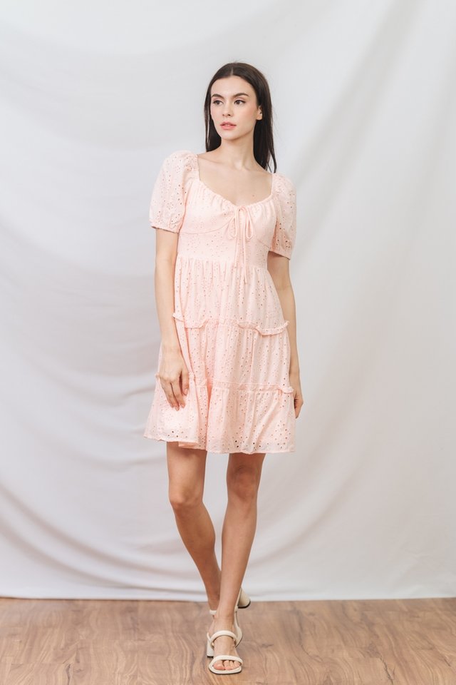 Yael Eyelet Tiered Dress in Pink