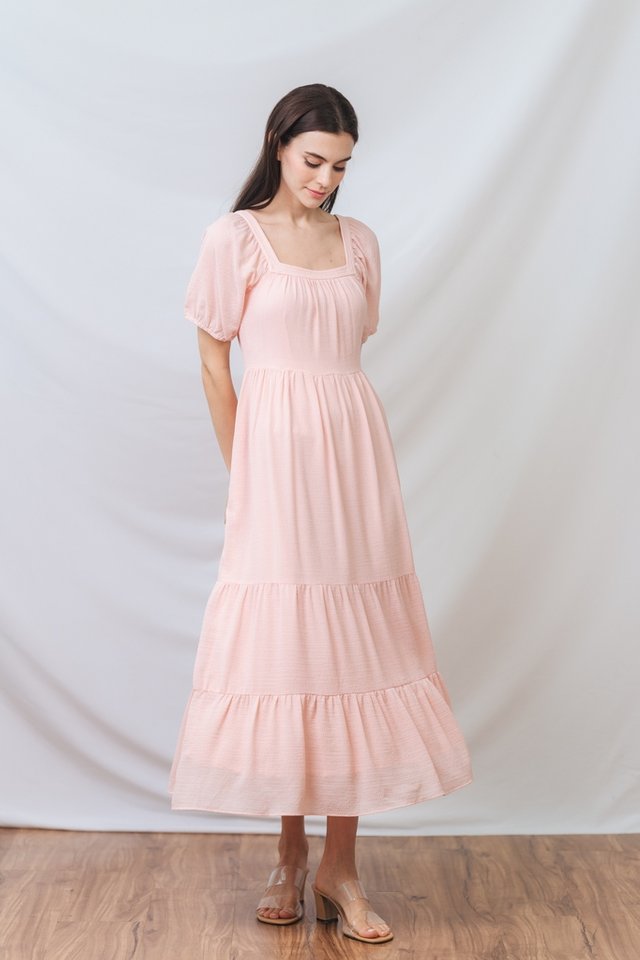 Kali Textured Flowy Tiered Maxi Dress in Blush Pink