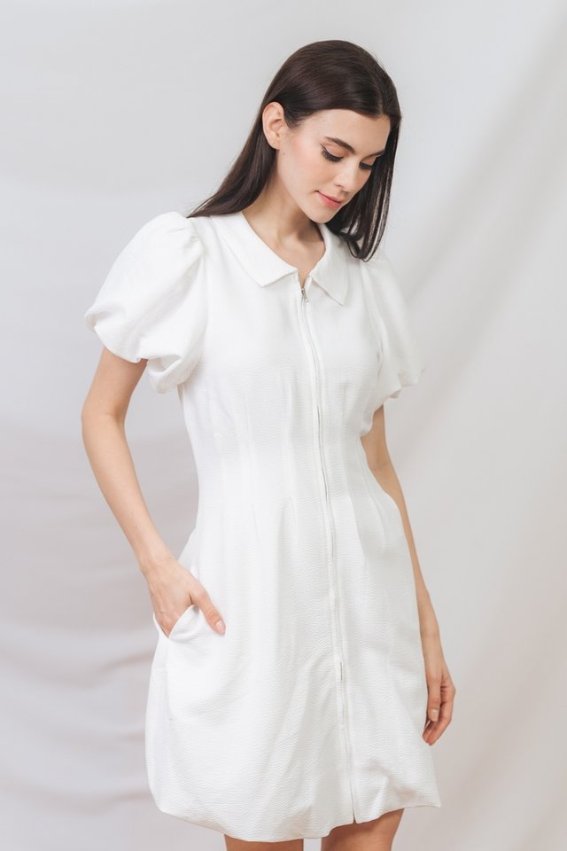 Whitney Front Zipper Dress in White