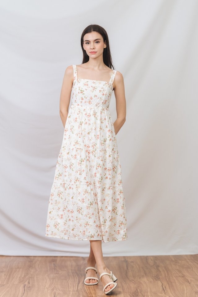 Vienna Floral Eyelet Midi Dress in White