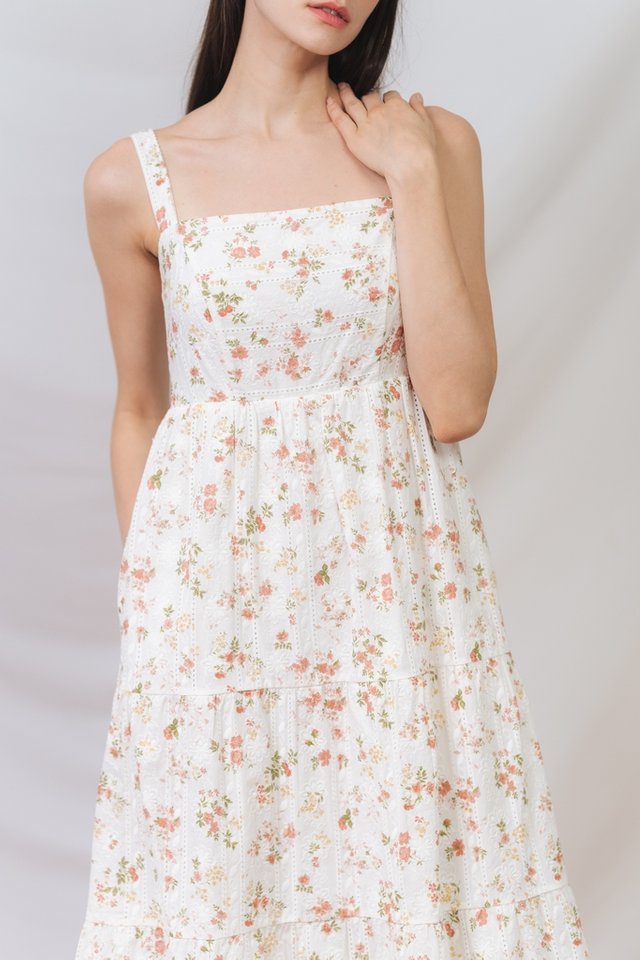 Vienna Floral Eyelet Midi Dress in White