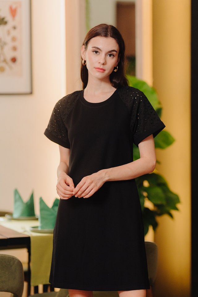 Mamie Eyelet Sleeve Cotton Dress in Black (XS)