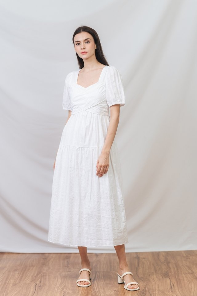 Tinley Overlap Checkered Midi Dress in White