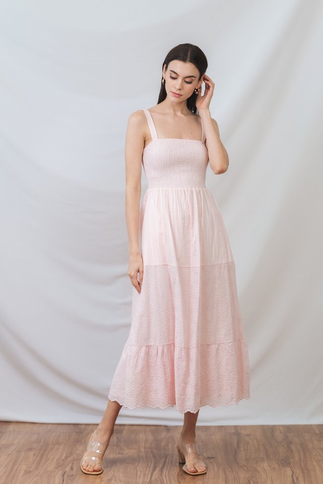 Tinley Broderie Smocked Maxi Dress in Light Pink