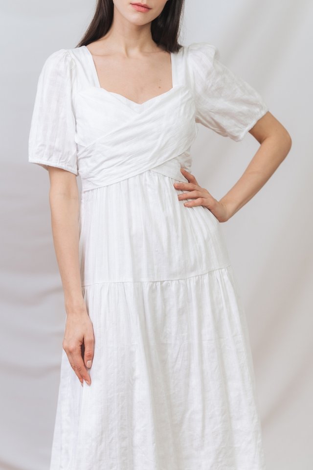 Tinley Overlap Checkered Midi Dress in White