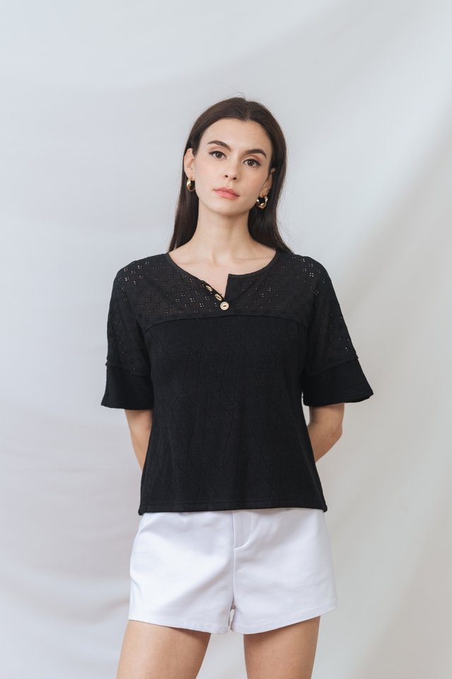 Stevie Knit Button Sleeve Top in Black