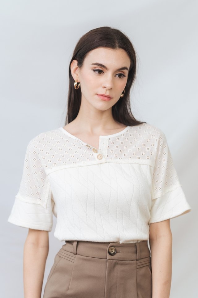 Stevie Knit Button Sleeve Top in Ivory
