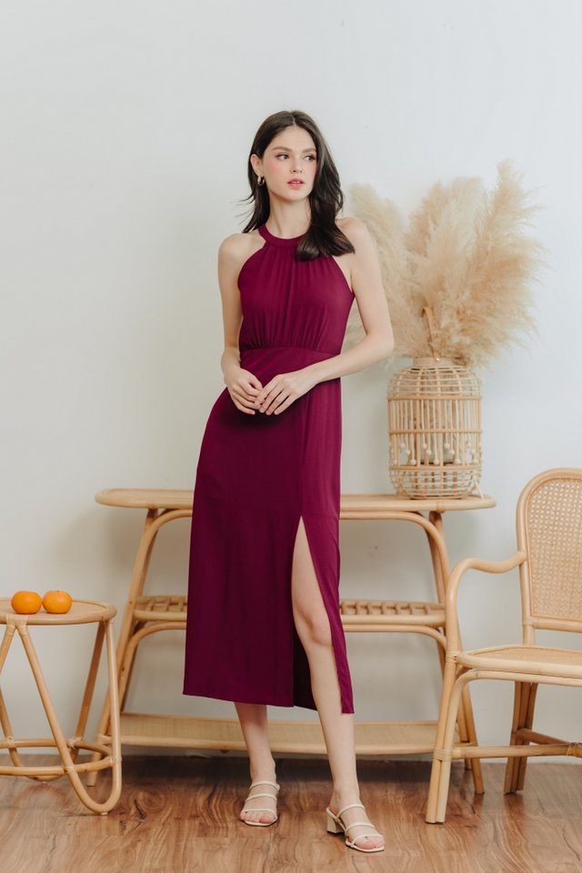 Bethany Halter Maxi Romper in Wine Red