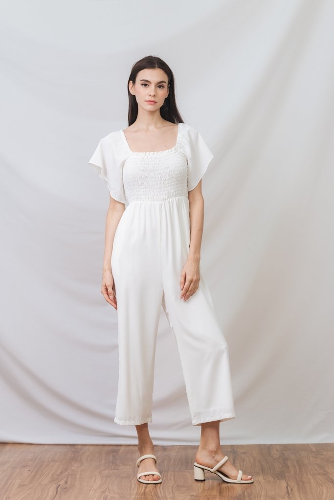 Lula Smocked Sleeve Jumpsuit in White