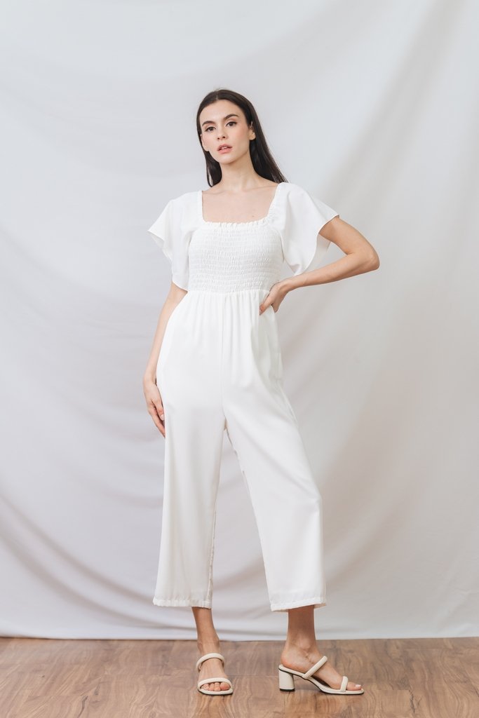 Lula Smocked Sleeve Jumpsuit in White