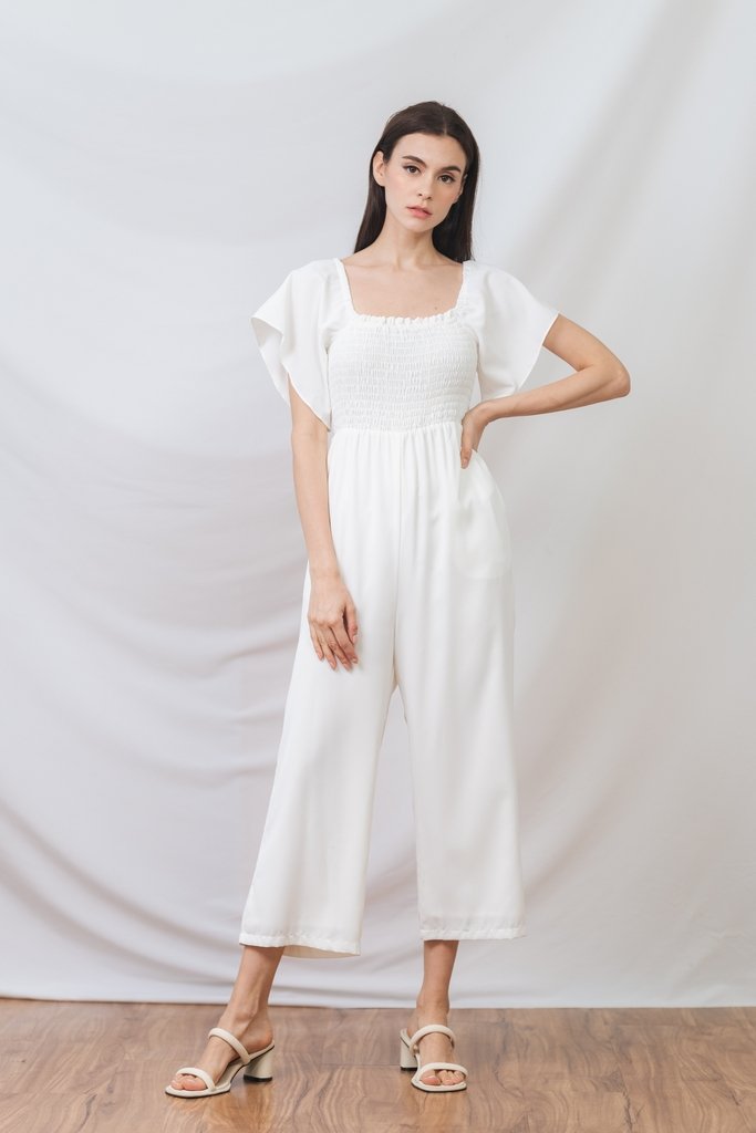 Lula Smocked Sleeve Jumpsuit in White