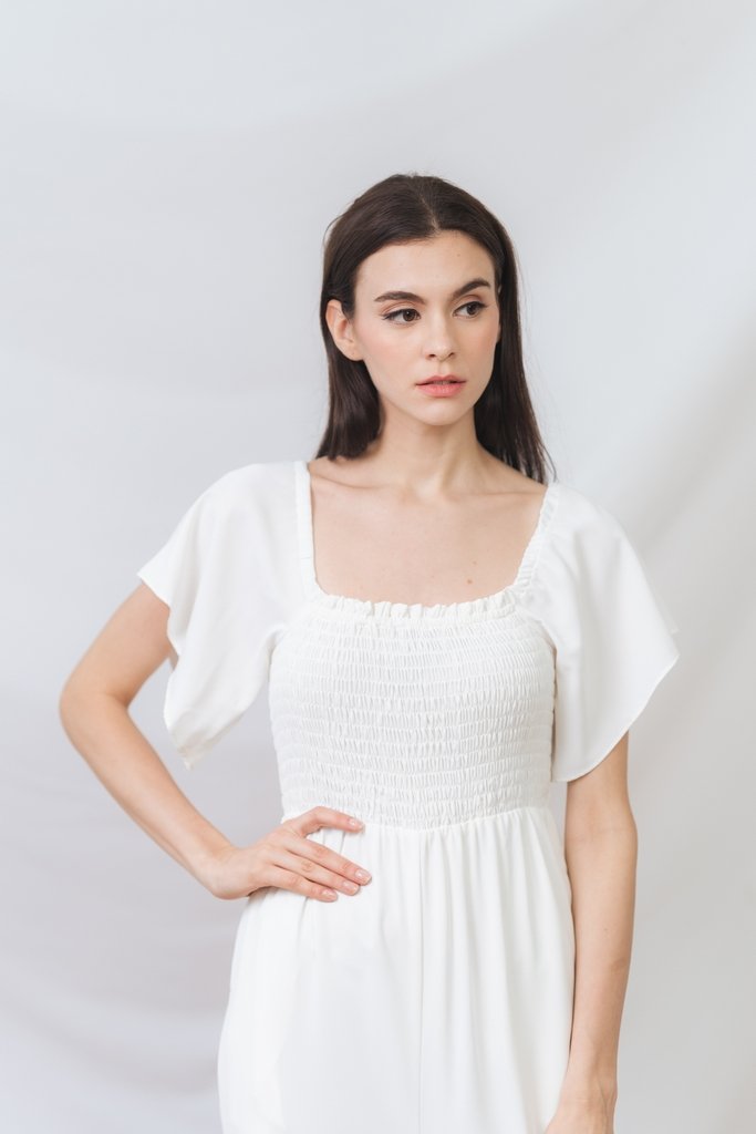 Lula Smocked Sleeve Jumpsuit in White