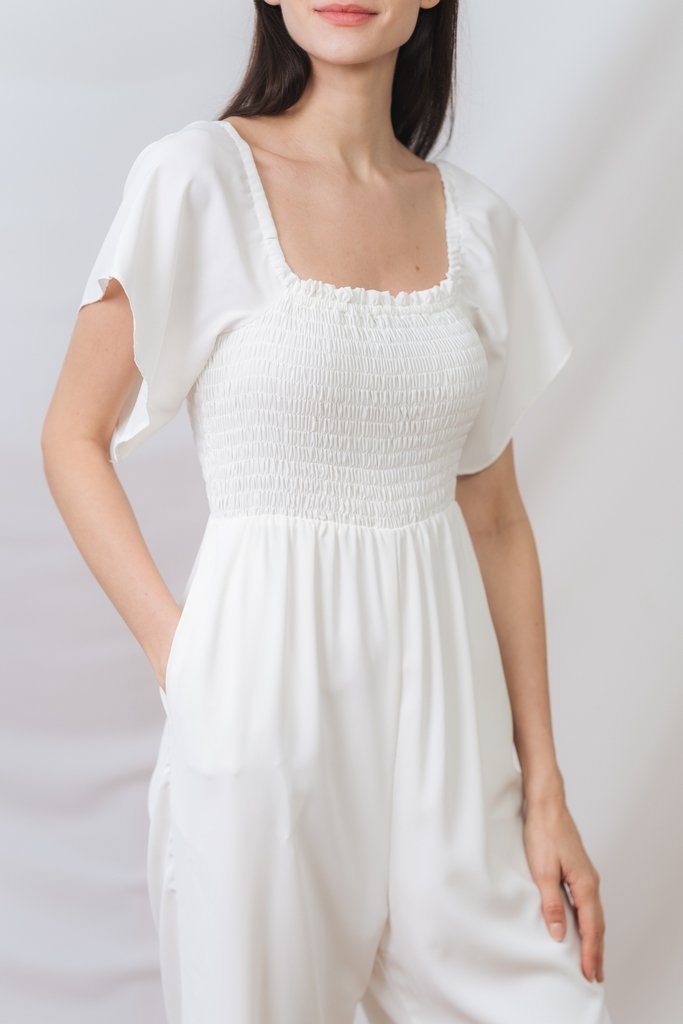 Lula Smocked Sleeve Jumpsuit in White