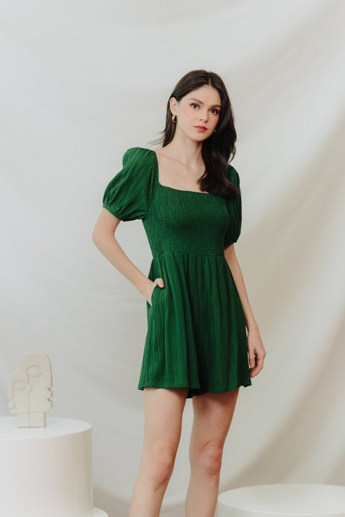 Cordelia Textured Sleeve Romper in Forest (XS)