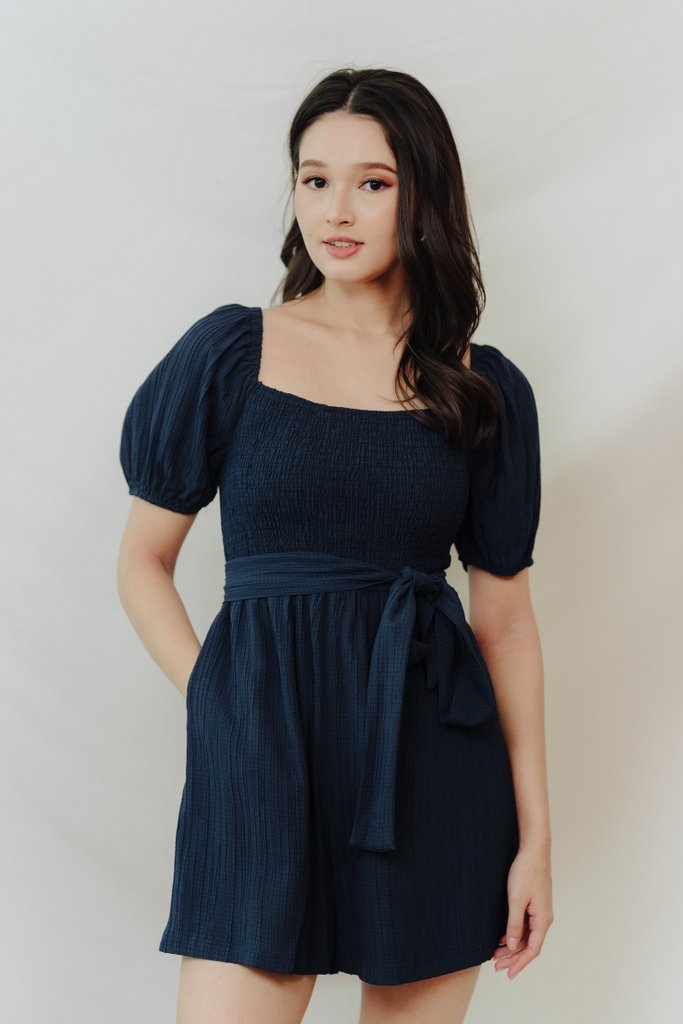 Cordelia Textured Sleeve Romper in Navy (XS)