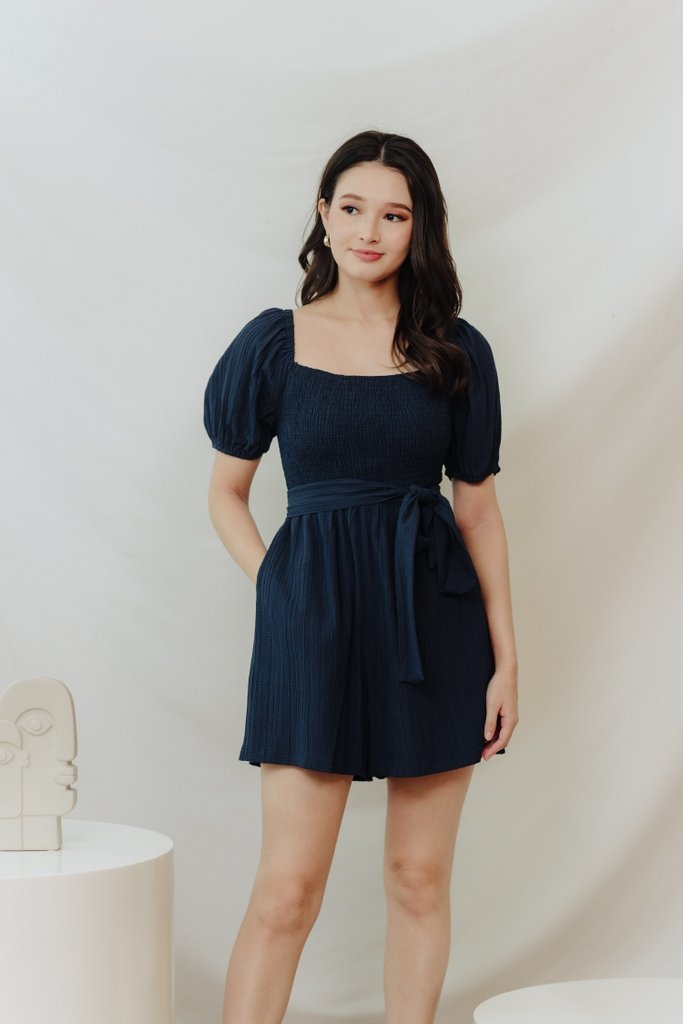 Cordelia Textured Sleeve Romper in Navy (XS)