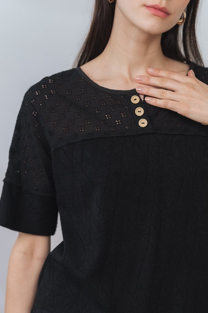 Stevie Knit Button Sleeve Top in Black(S)