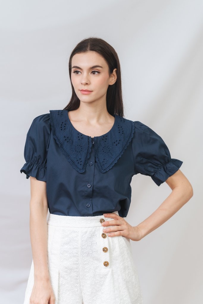 Amabel Peterpan Collar Top in Navy Blue (XS)