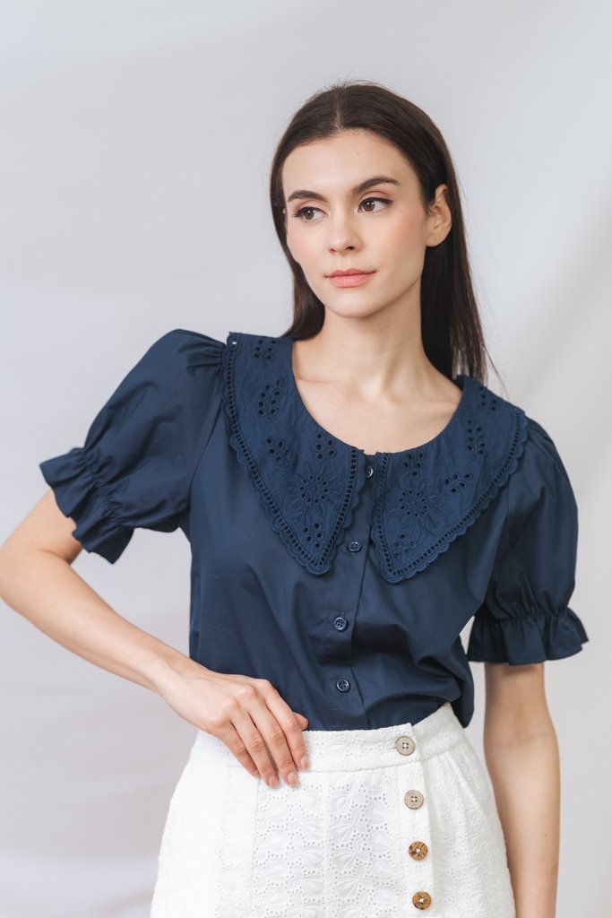 Amabel Peterpan Collar Top in Navy Blue (XS)