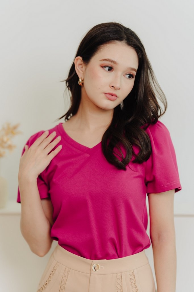 Arwen Cotton V Neck Top in Hot Pink (XS)